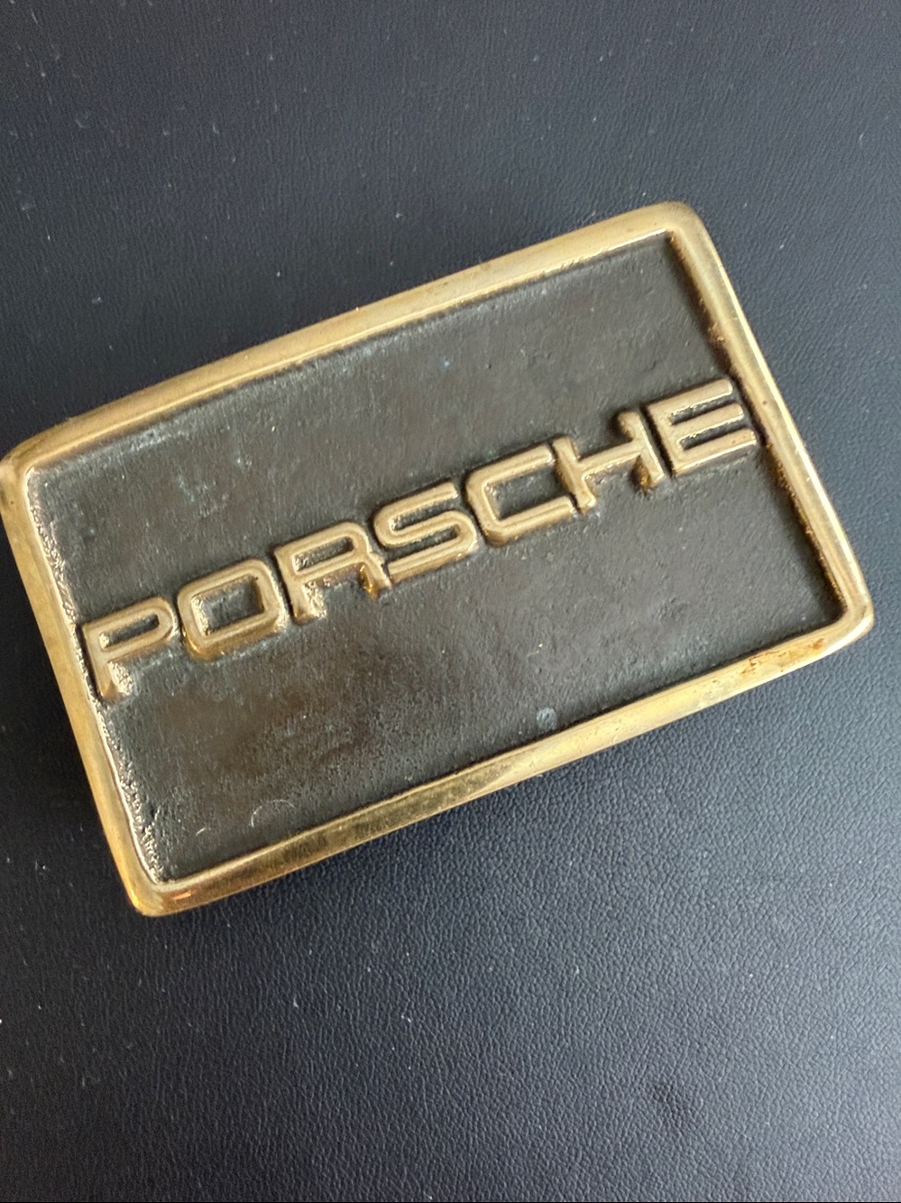 Porsche VINTAGE Custom Made Brass Rectangular Belt Buckle & Black Leather Belt